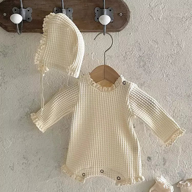 Бебешки рипсен ромпер с шапка White
